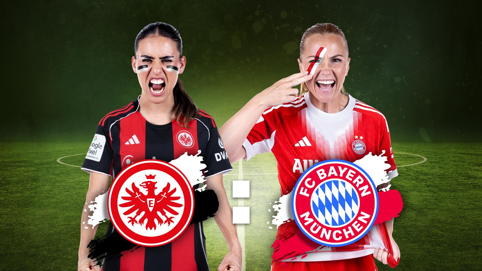Werbegrafik Frauen-Bundesliga mit Logos und Spielerinnen vor Fußball-Hintergrund